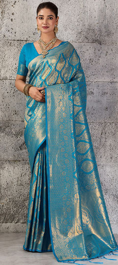 Blue color Saree in Blended fabric with Weaving, Zari work