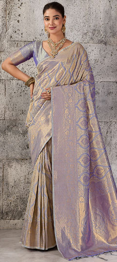 Black and Grey color Saree in Blended fabric with Weaving, Zari work