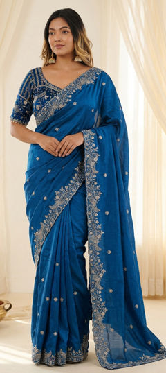 Blue color Readymade Saree in Tissue fabric with Embroidered, Sequence work