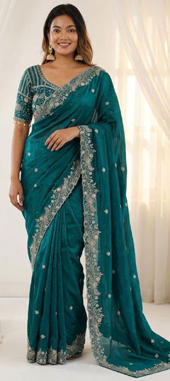 Green color Readymade Saree in Tissue fabric with Embroidered, Sequence work