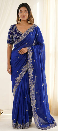 Blue color Readymade Saree in Tissue fabric with Embroidered, Sequence work