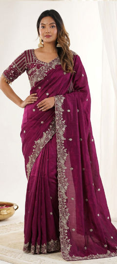 Red and Maroon color Readymade Saree in Tissue fabric with Embroidered, Sequence work