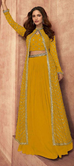Yellow color Long Lehenga Choli in Chinon Silk fabric with Embroidered, Sequence work