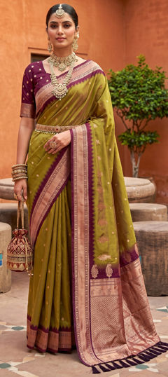 Green color Saree in Silk fabric with Weaving, Zari work