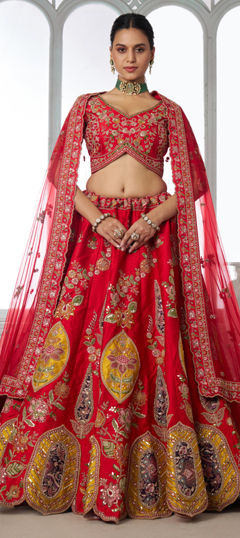 Red and Maroon color Lehenga in Silk fabric with Bugle Beads, Embroidered, Sequence, Stone work