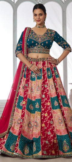 Blue color Lehenga in Chinon Silk fabric with Bandhej, Mirror, Printed work