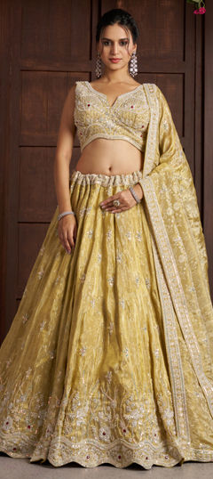 Yellow color Lehenga in Tissue fabric with Embroidered, Sequence work