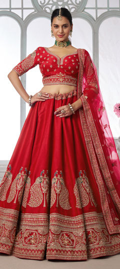 Red and Maroon color Lehenga in Silk fabric with Bugle Beads, Embroidered, Moti, Stone, Zari work