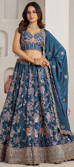 Blue color Lehenga in Crepe Silk fabric with Embroidered, Sequence, Zari work