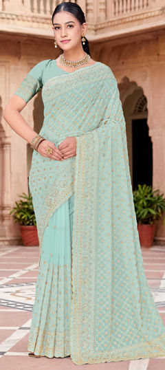 Green color Saree in Georgette fabric with Embroidered, Zari, Zircon work
