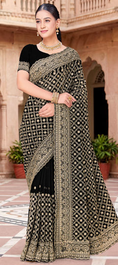 Black and Grey color Saree in Georgette fabric with Embroidered, Zari, Zircon work