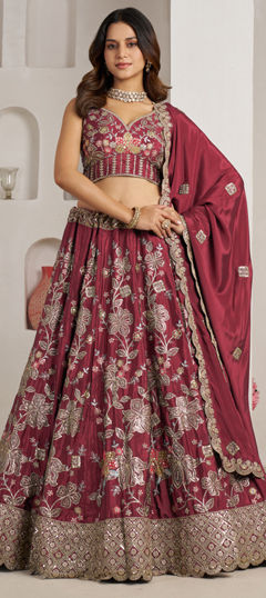 Red and Maroon color Lehenga in Crepe Silk fabric with Embroidered, Sequence, Zari work