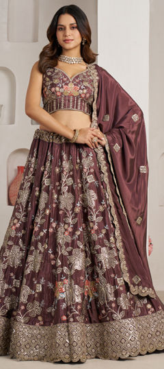 Purple and Violet color Lehenga in Crepe Silk fabric with Embroidered, Sequence, Zari work