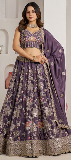 Purple and Violet color Lehenga in Crepe Silk fabric with Embroidered, Sequence, Zari work