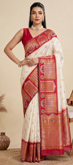 White and Off White color Saree in Banarasi Silk fabric with Floral, Zari work