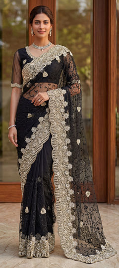 Black and Grey color Saree in Net fabric with Embroidered, Moti, Stone work