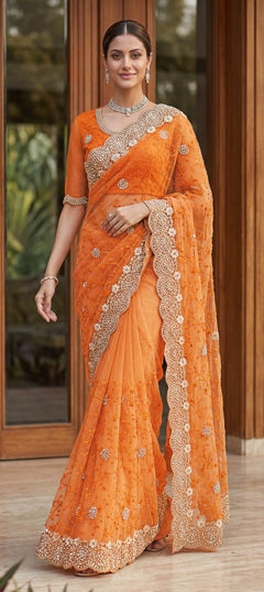 Orange color Saree in Net fabric with Embroidered, Moti, Stone work