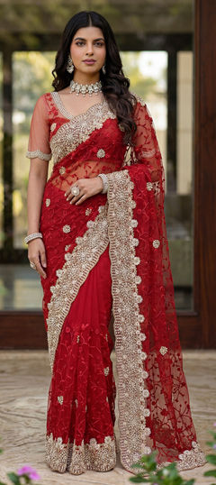 Red and Maroon color Saree in Net fabric with Embroidered, Moti, Stone work