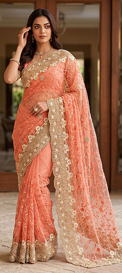 Pink and Majenta color Saree in Net fabric with Embroidered, Moti, Stone work