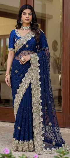 Blue color Saree in Net fabric with Embroidered, Moti, Stone work