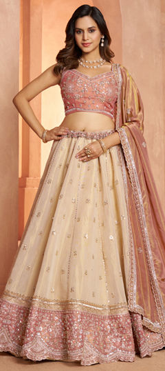 Pink and Majenta color Lehenga in Kanjeevaram Silk fabric with Embroidered, Sequence work