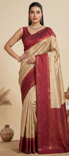 Beige and Brown color Saree in Banarasi Silk fabric with Weaving, Zari work