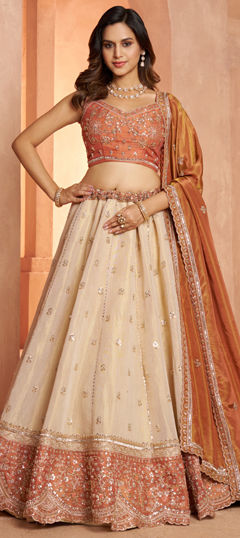Beige and Brown color Lehenga in Kanjeevaram Silk fabric with Embroidered, Sequence work