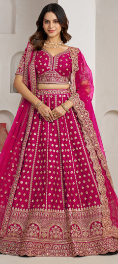 Pink and Majenta color Lehenga in Silk fabric with Embroidered, Sequence work