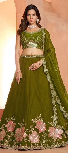 Green color Lehenga in Tissue fabric with Appliques, Embroidered, Sequence work