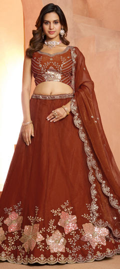Beige and Brown color Lehenga in Tissue fabric with Appliques, Embroidered, Sequence work