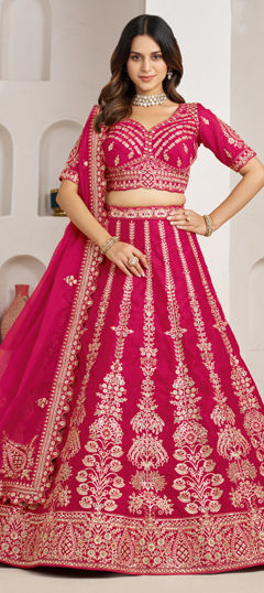 Pink and Majenta color Lehenga in Silk fabric with Embroidered, Sequence work