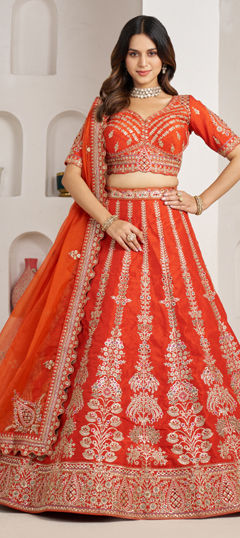 Beige and Brown color Lehenga in Silk fabric with Embroidered, Sequence work