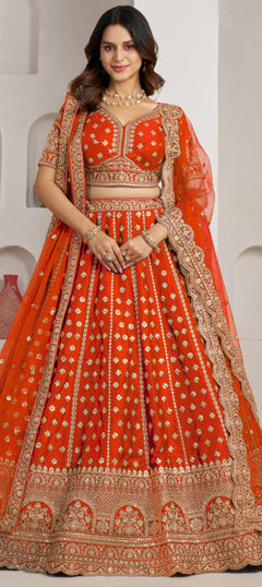 Beige and Brown color Lehenga in Silk fabric with Embroidered, Sequence work