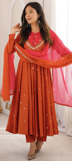 Beige and Brown color Salwar Kameez in Roman Silk fabric with Mirror, Sequence, Thread work