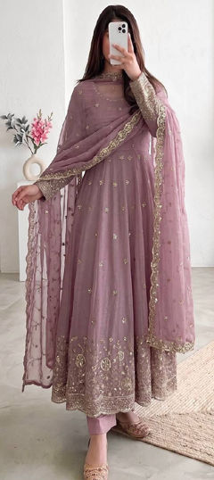 Purple and Violet color Salwar Kameez in Crushed Silk fabric with Embroidered, Sequence work