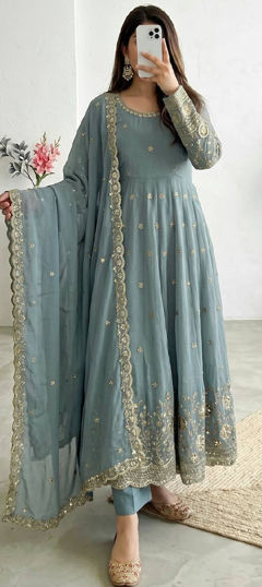 Black and Grey color Salwar Kameez in Crushed Silk fabric with Embroidered, Sequence work