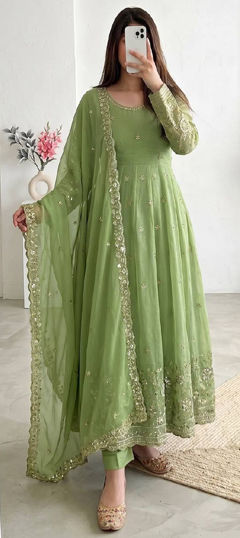 Green color Salwar Kameez in Crushed Silk fabric with Embroidered, Sequence work
