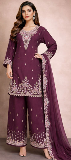 Purple and Violet color Salwar Kameez in Crushed Silk fabric with Bugle Beads, Embroidered, Sequence work