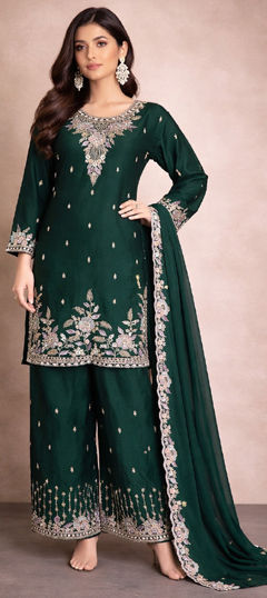 Green color Salwar Kameez in Crushed Silk fabric with Bugle Beads, Embroidered, Sequence work