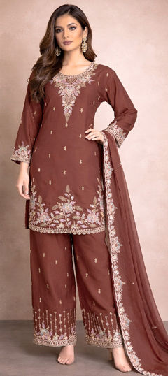 Beige and Brown color Salwar Kameez in Crushed Silk fabric with Bugle Beads, Embroidered, Sequence work