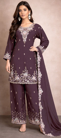 Purple and Violet color Salwar Kameez in Crushed Silk fabric with Bugle Beads, Embroidered, Sequence work