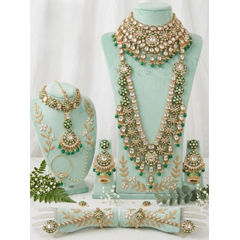 Gold Rodium Polish Green color Bridal Jewelry in Metal Alloy studded with CZ Diamond, Pearl
