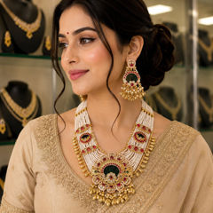 Gold Rodium Polish Green color Necklace in Metal Alloy studded with CZ Diamond, Pearl