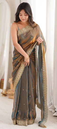 Black and Grey color Saree in Tissue fabric with Embroidered, Sequence work