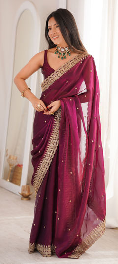 Red and Maroon color Saree in Tissue fabric with Embroidered, Sequence work