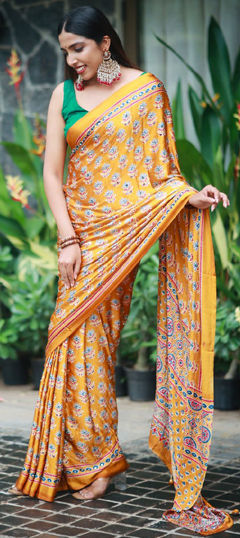 Yellow color Saree in Crepe Silk fabric with Printed, Sequence work