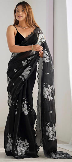 Black and Grey color Saree in Organza Silk fabric with Embroidered, Sequence work