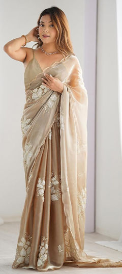 Beige and Brown color Saree in Organza Silk fabric with Embroidered, Sequence work
