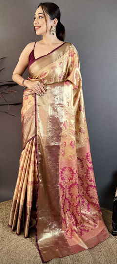 Beige and Brown color Saree in Kanjeevaram Silk fabric with Weaving, Zari work