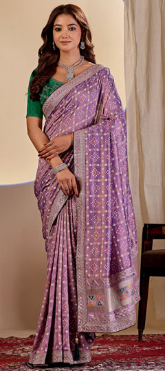 Purple and Violet color Saree in Art Silk fabric with Bandhej, Embroidered, Printed work